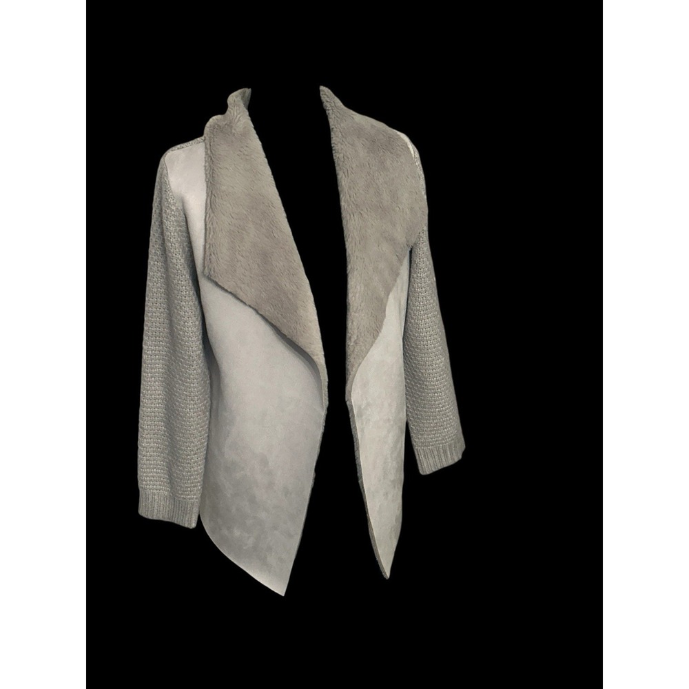 OnTwelfth Faux‎ Shearling Open Front Cardigan Jacket Sweater Grey Women's Medium